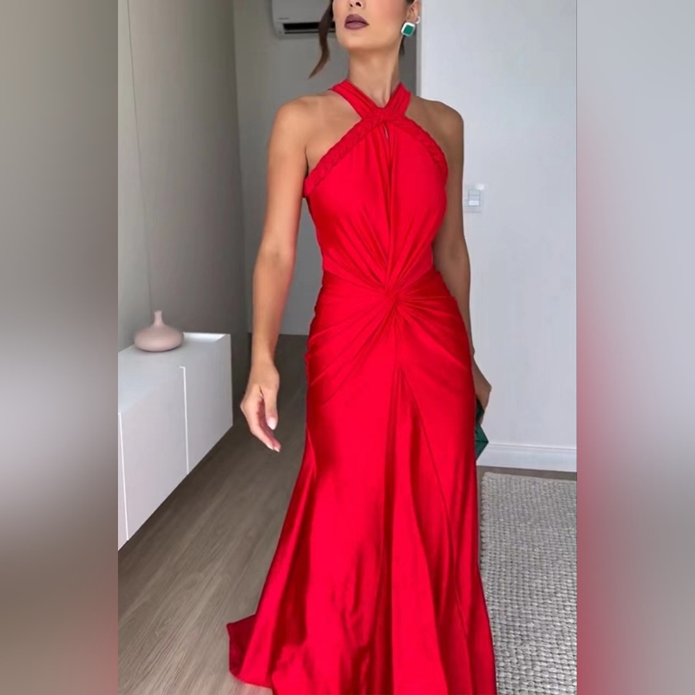 NWT Red Braided Halter Satin Cut Out Formal Prom Wedding Evening Gown Sz Medium